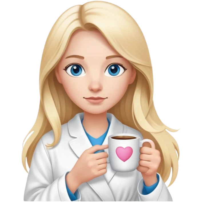 girl
blue eyes
long blond hair
wearing housecoat
holding a white mug of coffee that says mom
wearing rose gold apple watch  emoji