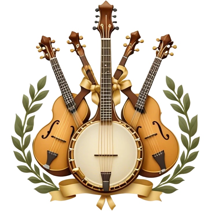 Design a sophisticated and festive emblem-like emoji representing plucked and stringed instruments. The layout should resemble a heraldic crest, featuring iconic instruments like a banjo, mandolin, domra, and sitar, artistically arranged in an elegant and symmetrical way. The necks of the instruments should be intertwined with a flowing ribbon of musical notes, winding around the strings and fretboards. The design should be detailed, showcasing the intricate carvings on the instruments, visible strings, and fret markers. Use a rich color palette with deep golds, browns, and vibrant accents to evoke a sense of luxury and celebration. The musical notes should appear to float around the instruments, connecting them in a graceful, dynamic way. Include ornate flourishes or decorative elements like laurels, swirls, or subtle engravings to give the image a professional, emblematic appearance. The background should be transparent. emoji