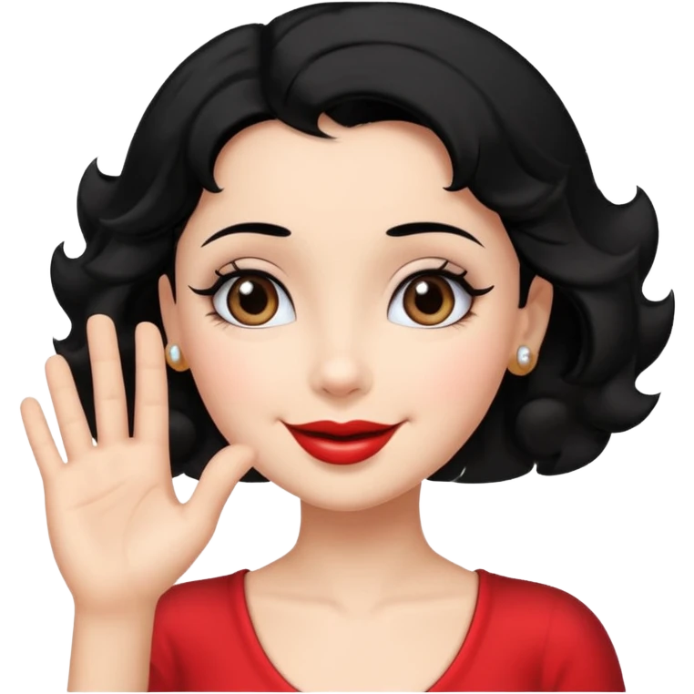 Do not change the face I already created, I want her with Betty boop face and black hair saying happy hello with her hand emoji