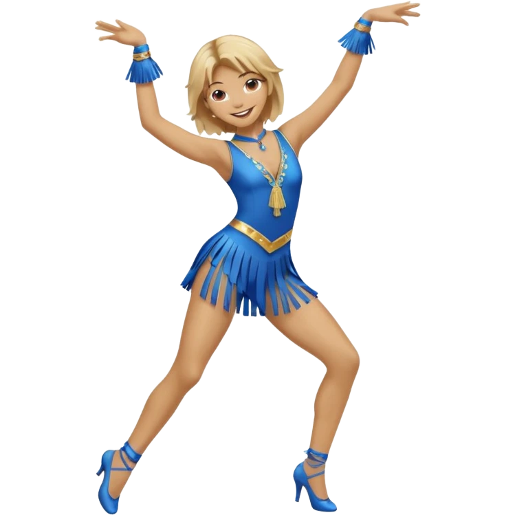 blue jazz style dance costume with tassels on dirty blonde full body emoji