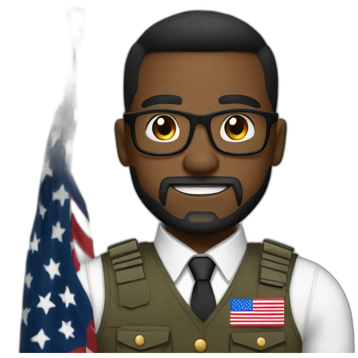 black soldier with a beard, a part in hair, wearing glasses, a white collared shirt, a bow tie, bulletproof vest with an american flag emoji