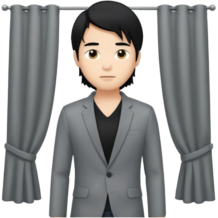 asian young man with long curtains style black hair in grey blazer and black t-shirt  emoji