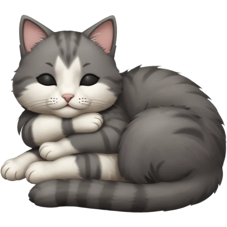 dark grey and white small cat with closed eyes, leaning his head on his paw while leaning on his elbow lying down emoji