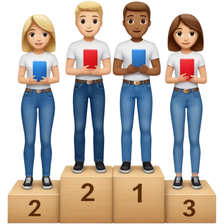 show people on podium in first, second and third place.  The podium should be labled 2, 1, 3.  The middle position should only have the number 1.  the people should be dressed in relaxed clothes like jeans and t-shirts emoji