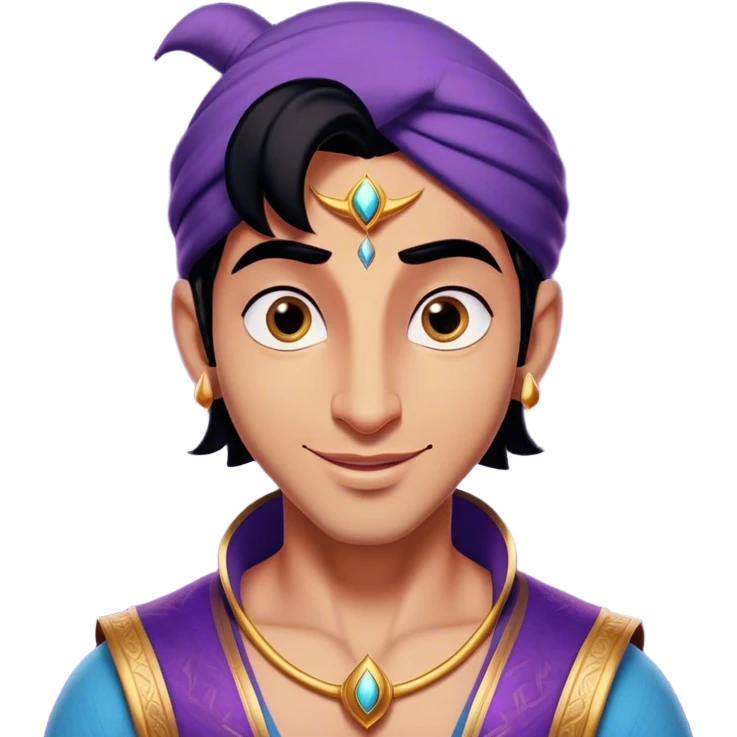 Cinematic Realistic Aladdin Portrait, head tilted playfully and inquisitively, showcasing his roguish charm and bright, mischievous eyes. His signature attire is rendered in exquisite detail with dynamic natural highlights, and a hint of magic sparkles about him—embodying a youthful, adventurous energy with friendly power. emoji