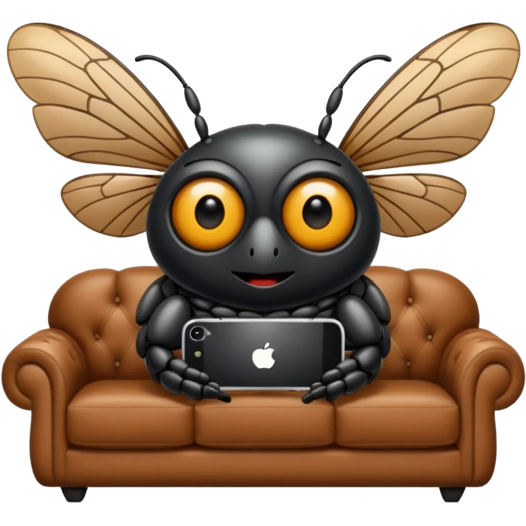Black Cicada cartoon style with black shiny round eyes watching on a phone sit on a brown sofa  emoji