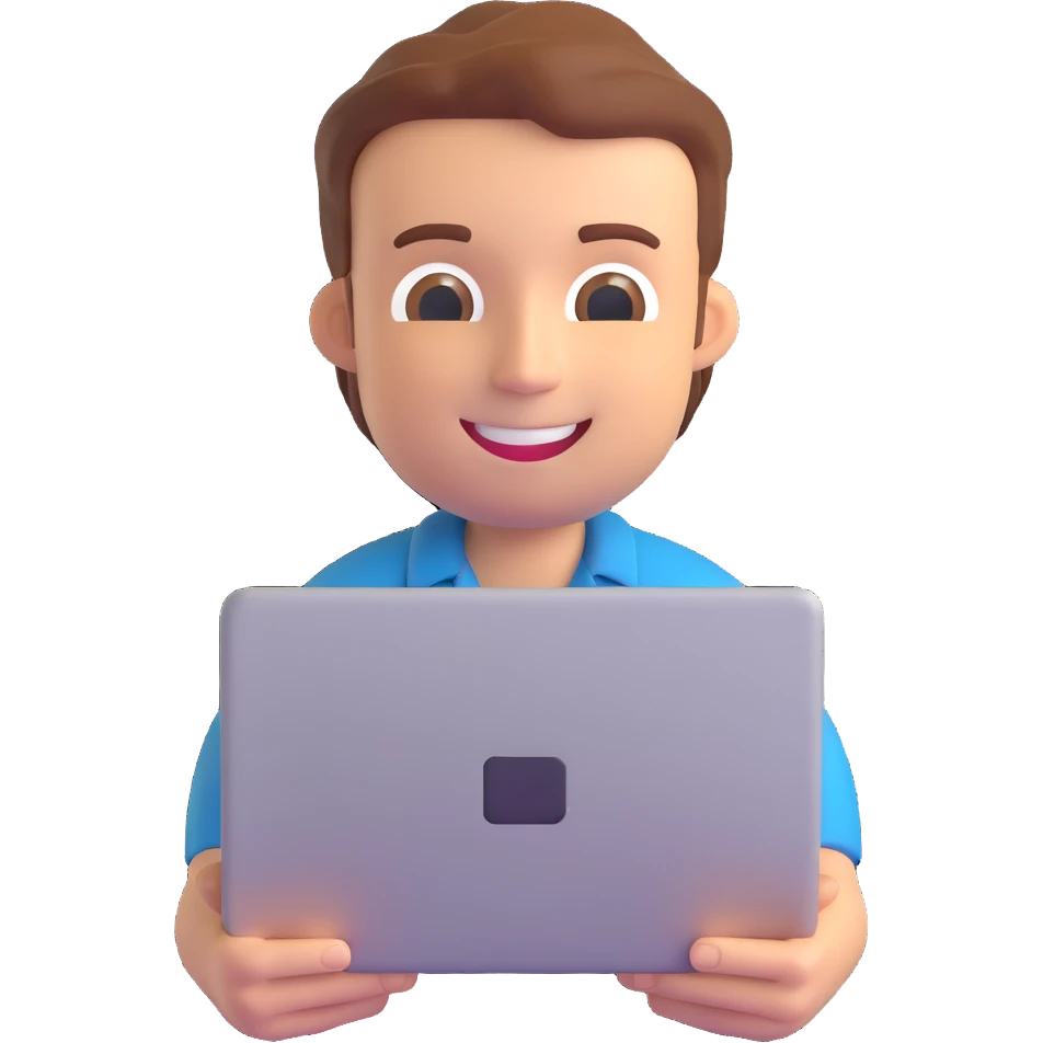 programmer smiling, holding laptop, 3D emoji style, bright colors, simple background emoji