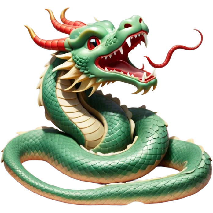 Cinematic Cute Yawning Chinese Serpent Dragon Portrait Emoji, Head gently inclined with a dramatic, wide-open yawn, revealing an elegantly elongated body with softly glowing jade and vermilion scales, enriched by subtle, ethereal cloud and ripple motifs; rendered with authentic detail and delicate natural light, high shine, relaxed yet wise, styled with a dash of ancient mystique, soft glowing outline, capturing the essence of a drowsy but venerable celestial dragon ready to drift into a serene, timeless slumber! emoji