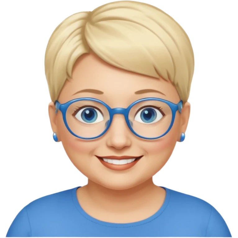 woman 50 years old, very short blonde hair, blue eyes and blue round glasses smile and overweight emoji