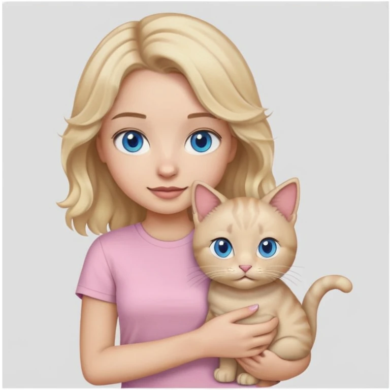 make a girl emoji that has blonde wavy hair and blue eyes with a light pink t shirt holding a grey cat emoji