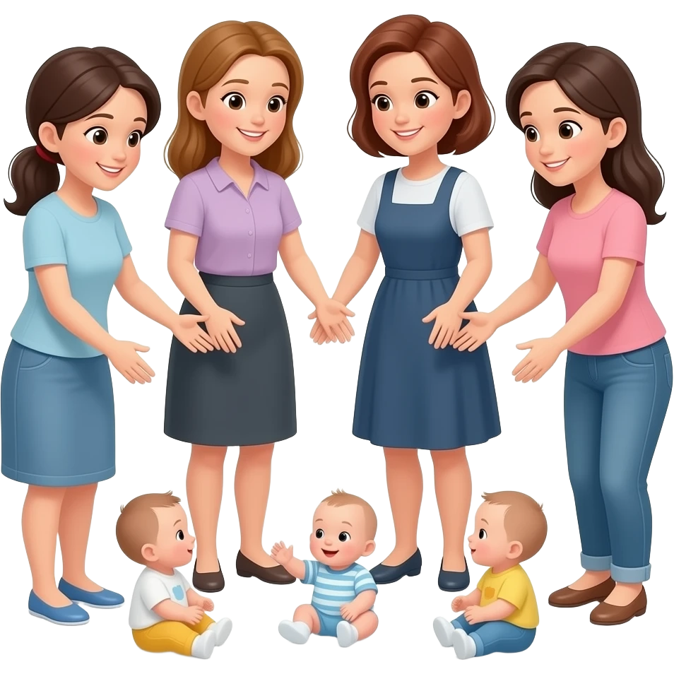 4 mamas en ronda con bebes a upa jugando emoji