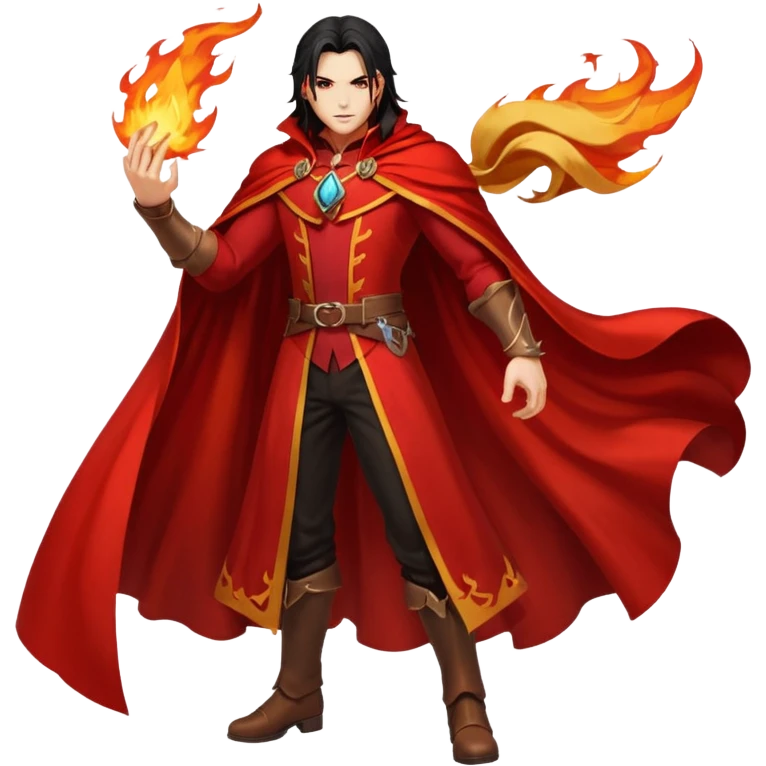 Vincent Valentine from Final Fantasy 7, full body, standing pose, red cape flowing, golden claw, fire swirling around emoji