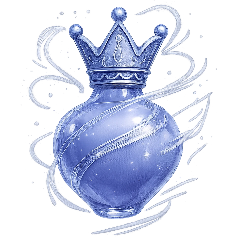 final luxury elixir bottle inspired by the reference crown: crown shape on top, color #7986cb, bottom is smoothly rounded and closed, merging with the crown, the whole bottle looks like it's floating and swirling in the air, prominent silver and iridescent details, extra magical sparkles, very small neck, seamless rounded bottom, floating, transparent background, no base or shadow, modern, luxury collection style emoji