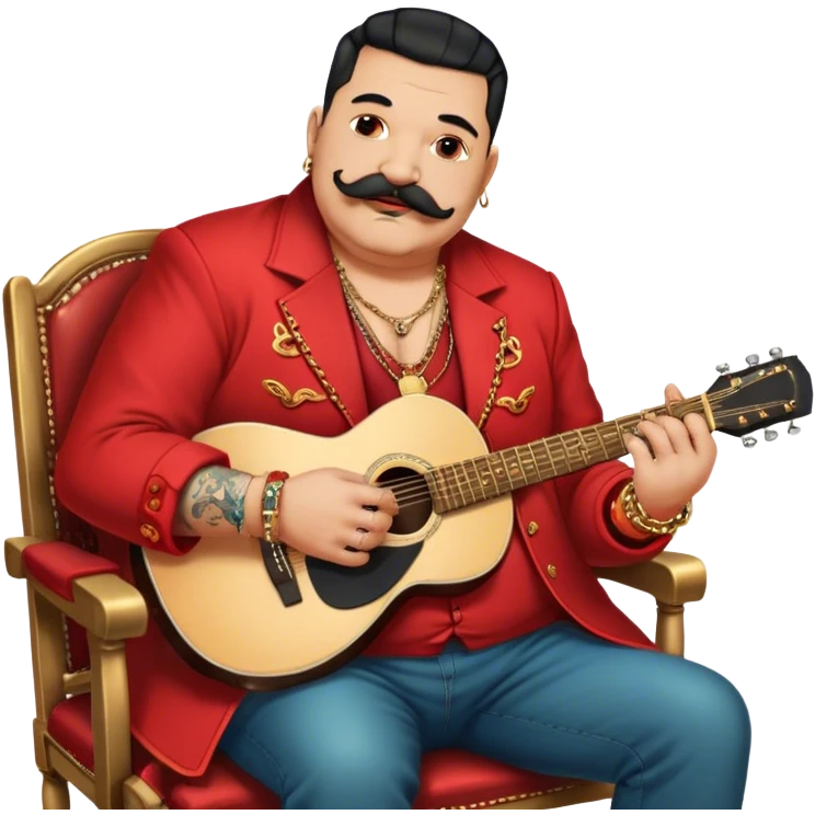 Icon for Chanson: Old fat chanson singer with tattoos and moustache, red jacket, gold chains and braslettes, sitting on a chair with an acoustic guitar. The atmosphere should reflect a nostalgic, soulful vibe with vintage elements. Transparent background. emoji