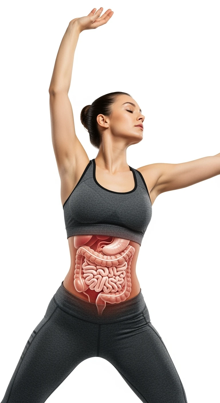 donna che fa stretching con intestino umano anatomico in evidenza, realistica 4k sfondo bianco emoji