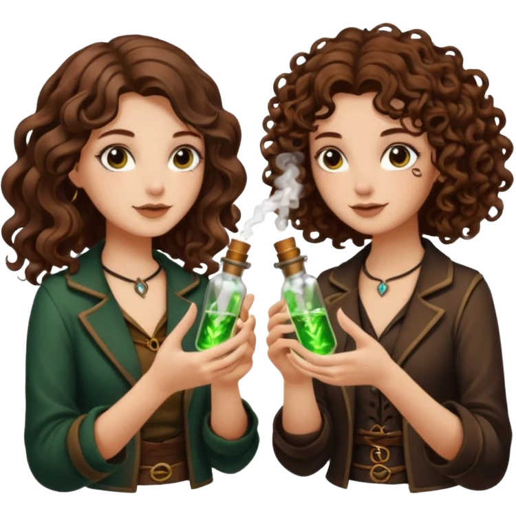 two forest alchemist women one long wavy brown hair tattoos one short tight curly brown hair clinking glowing vials emoji