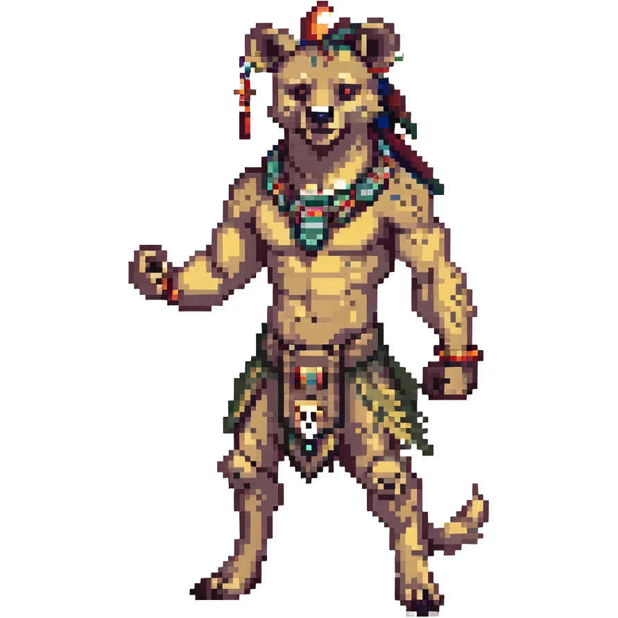 A native strong buff hyena with war bonnet flexing posing full body holding a chopped off human head by the hair  emoji