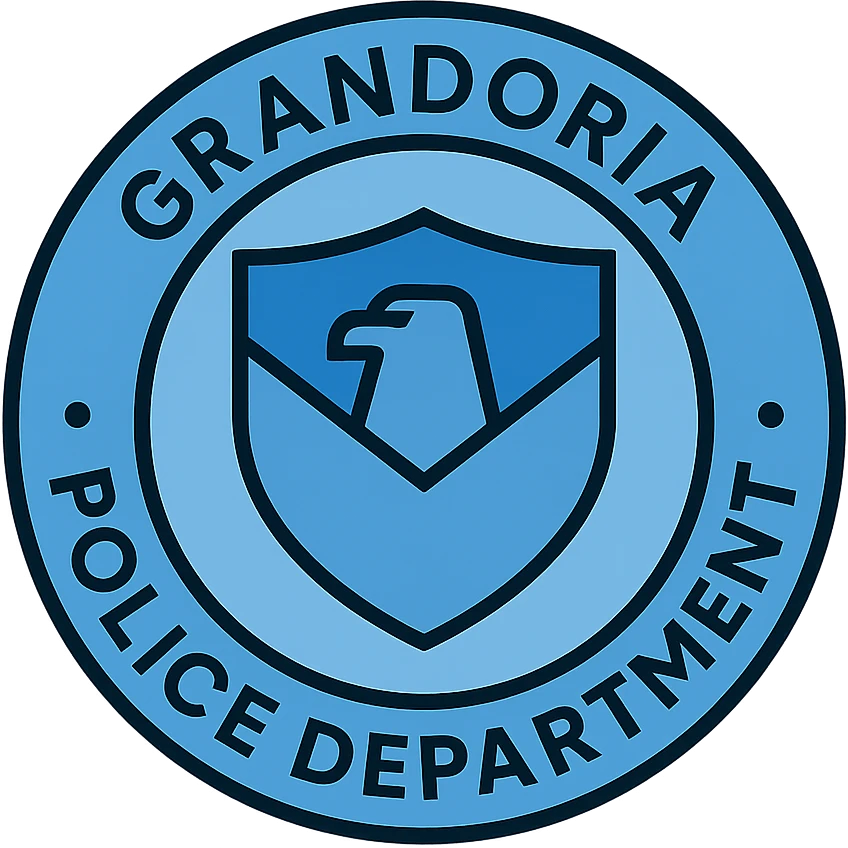 modern circular police logo with 'GRANDORİA POLİCE DEPARTMENT', minimalist design, blue tones, subtle shield or eagle motif, clean and professional, detailed lineal color icon style emoji
