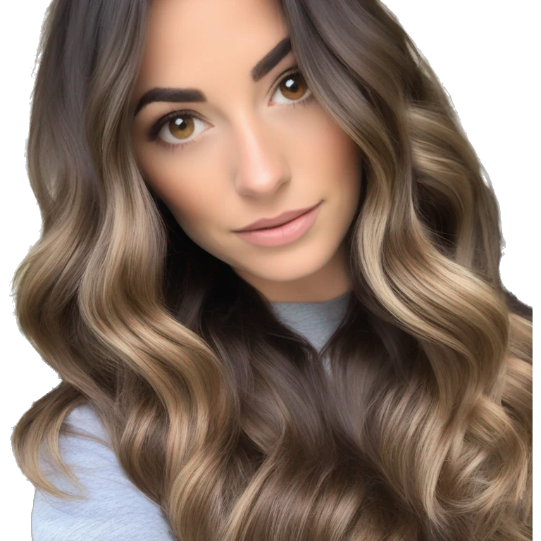 White girl brown eyes with medium length voluminous brown hair with brown highlights balayage spa emoji