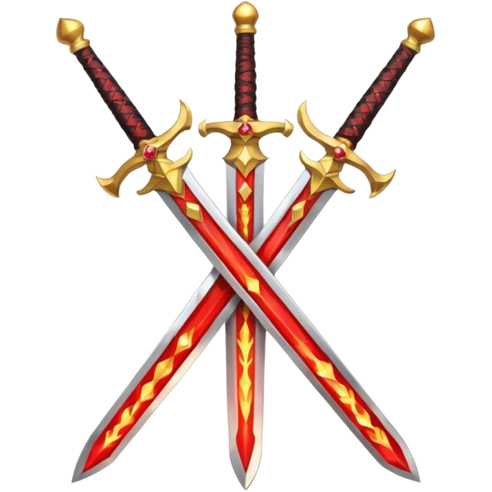 Two crossed swords that are golden in blade and handle and have fiery and royal appearence to them as well as red gem stones emoji