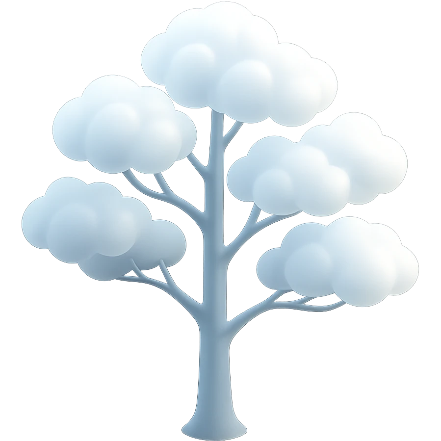 one tree with many branches and a white trunk, crown made of small very bright white fluffy convex clouds, matte glass style emoji