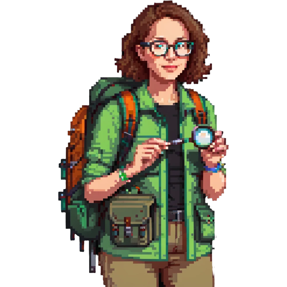 Enthusiastic woman naturalist in her 40s with glasses, colorful hiking outfit, backpack, holding magnifying glass emoji