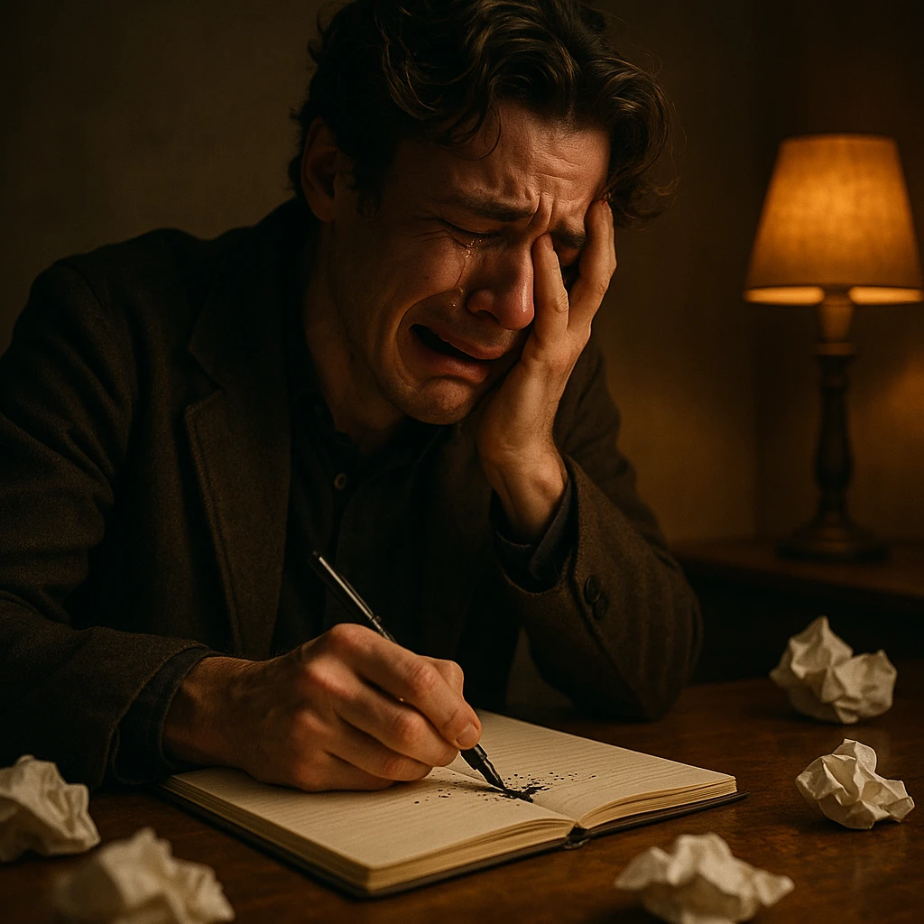 A writer sitting at a wooden desk, crying while writing in a notebook. The room is dimly lit with a single warm lamp. Crumpled papers scattered around. The writer looks emotional, overwhelmed by feelings. Tears falling on the paper, ink smudging. Artistic, cinematic atmosphere. emoji