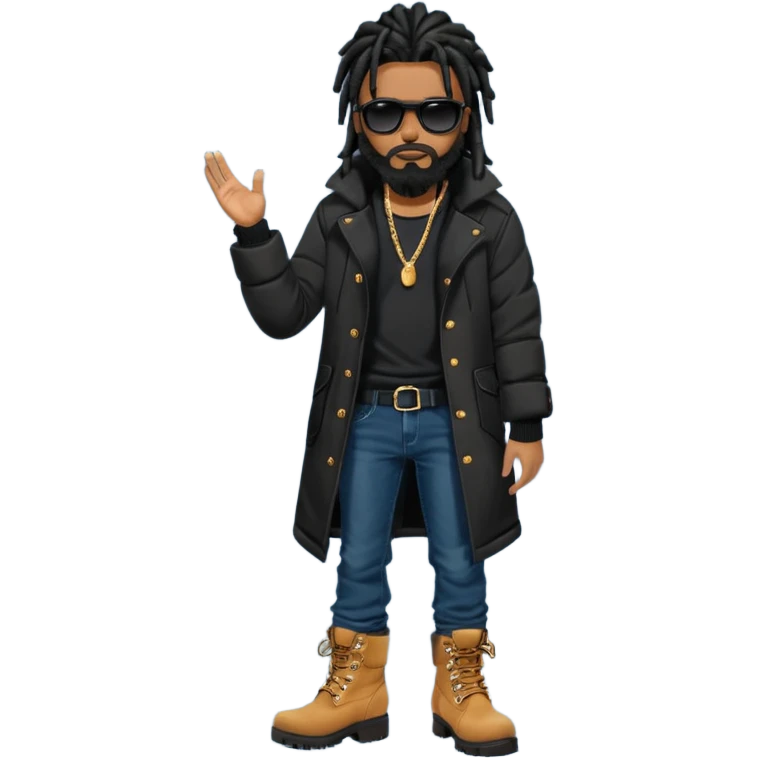 African American man with shoulder length black dreadlocks with black beard wearing black sunglasses wearing a black bubble winter coat  wearing denim skinny jeans and timberland boots standing in front of a Christian church emoji
