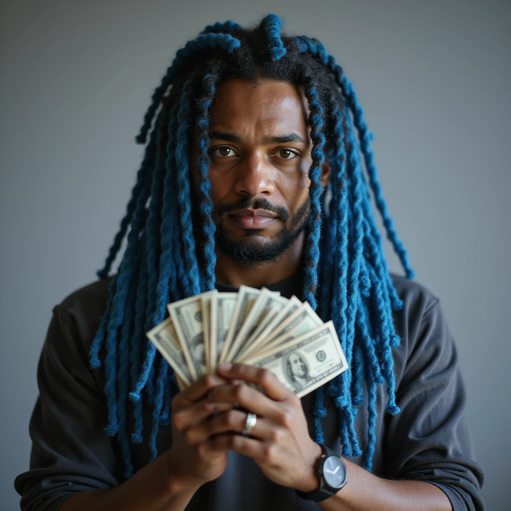 realistic person with blue dreadlocks holding money, photorealistic AI style emoji