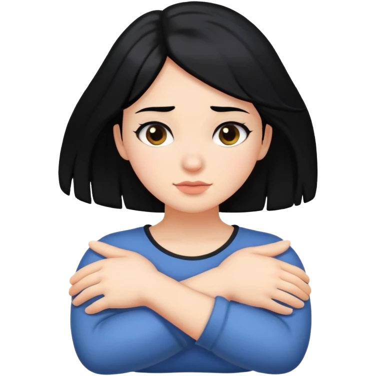 Girl with black hair with her arms crossed holding her neck emoji