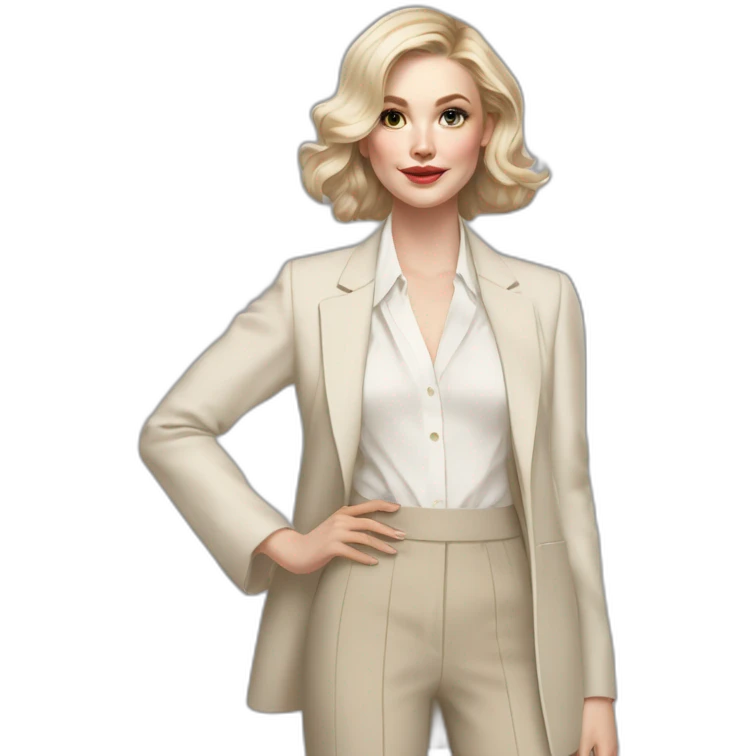 pale skin woman with ash blonde Straightened bob Hair, White Spacious classical jacket, beige palazzo Arrow pants and gray blouse holding a color palettes in the hands emoji