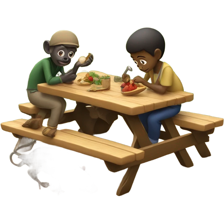 Two small humans on a date with a Monkey and a rat testing for poisonous mushrooms  emoji