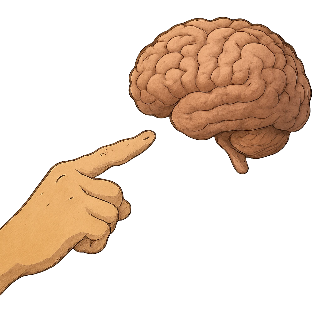 ghibli style a hand with detailed fingers pointing to a brain emoji