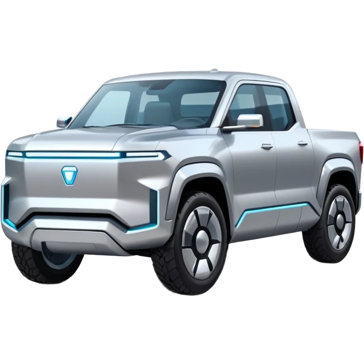 A futuristic electric pickup truck emoji, silver chrome body, angular cyber design, smooth metallic panels, subtle reflections, minimalistic proportions, iOS emoji style, centered composition, clean white background, soft lighting emoji