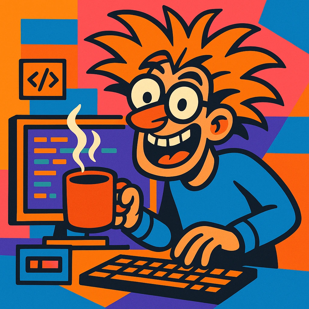 crazy programmer, wild hair, glasses, holding coffee, vibrant toon style emoji