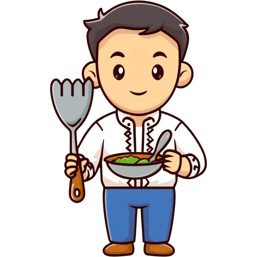 Ukrainian man in traditional white embroidered shirt holding a ladle and kitchen shears emoji