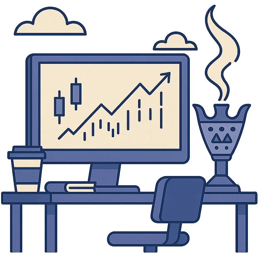 trading desk with oud incense burner next to the monitor, flat modern style, Middle Eastern trading theme emoji