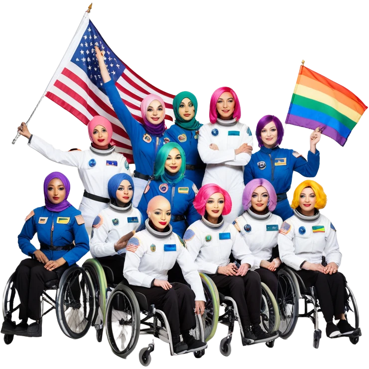 Generate an emoji that radiates peak DEI energy. I’m talking 7+ skin tones minimum, pronoun pins visible from space, rainbow hair, wheelchair users doing parkour, hijabi astronauts, drag queen professors, and a bald eagle draped in a progress flag. Everyone’s holding a clipboard that says ‘equity audit.’ The background is a corporate Zoom call, and someone is mid-‘land acknowledgment.’ Style: hyper-saturated, pseudo-corporate, vaguely HR-coded, and completely unreadable at 18px. It should confuse conservatives and HR managers alike emoji