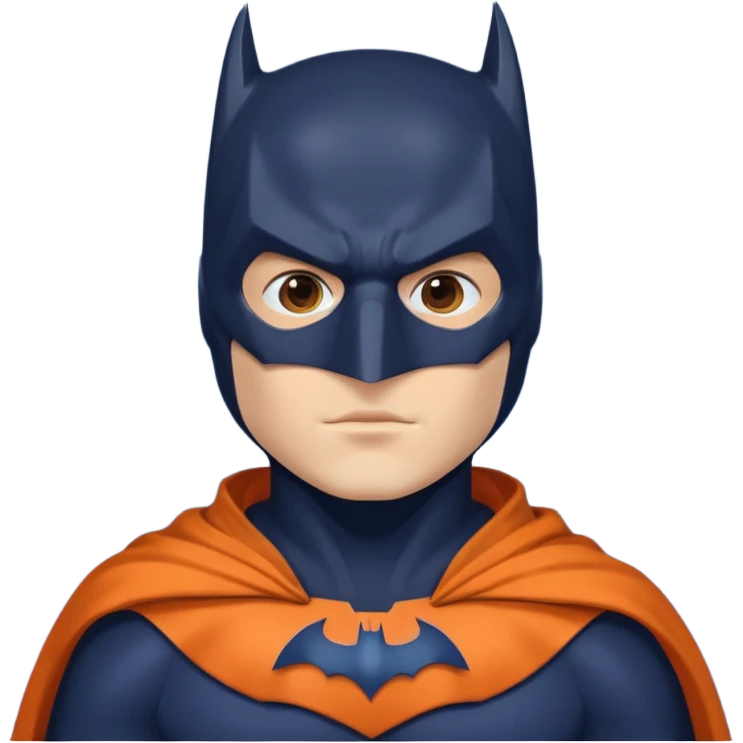 generate a batman emoji with just the face and neck showing and part of the cloak and and wings. Shade the mask in dark navy blue. Shade the chest in a bright medium olive green. Shade the cloak in a solid vibrant orange emoji