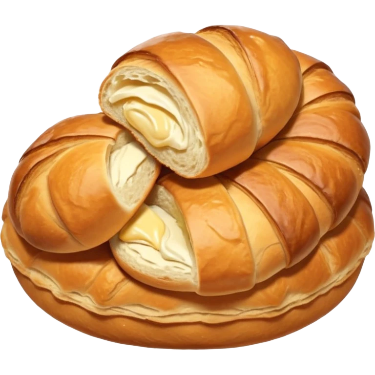 A group of baked goods: a round bread roll beside a small croissant on a warm golden background emoji