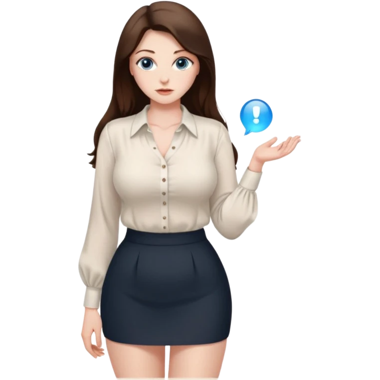 sexy woman brunette, very large breasts, pale skin, blue eyes, long brown hair, white blouse, short black skirt. office.  emoji