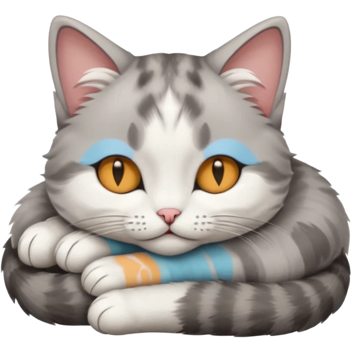 grey and white small cat with its eyes closed lying down with his head leaning on his paw emoji