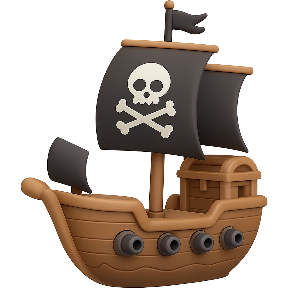 An adorable pirate galleon with black sails, cannons, and a treasure chest on deck emoji
