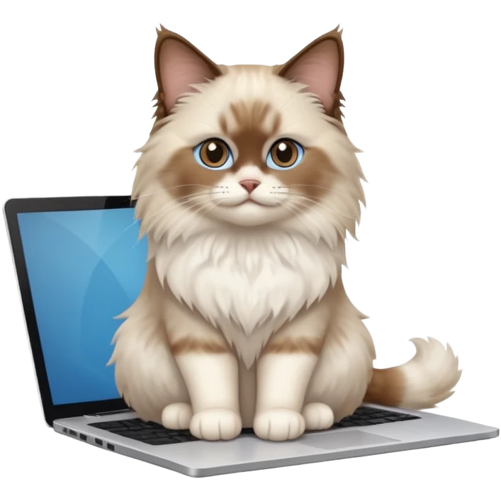 Cute ragdoll cat on a laptop. Should sit on top of the laptop, cat is way bigger than the laptop. Could walk on the laptop or sit. I liked the first one but remove the blue on the cat emoji