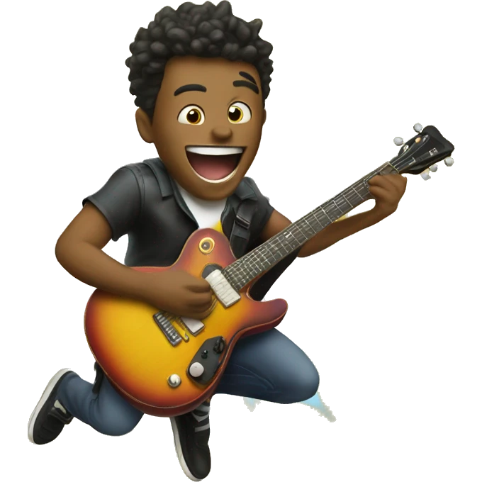 a guy playing guitar, jumping, with his tongue out, and rays in the bckground emoji