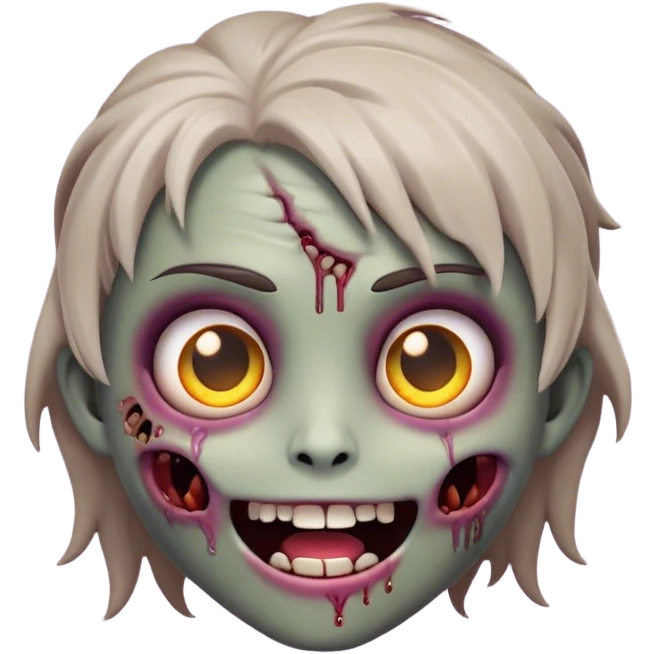 Cinematic Cute Zombie Portrait Emoji, with a delightfully quirky, slightly disheveled face in muted ashen hues, featuring quirky bright eyes and a playful, stitched-together smile, simplified yet irresistibly charming, highly detailed with a soft glowing outline that captures the adorable, offbeat spirit of a zombie who’s more cute than creepy! emoji