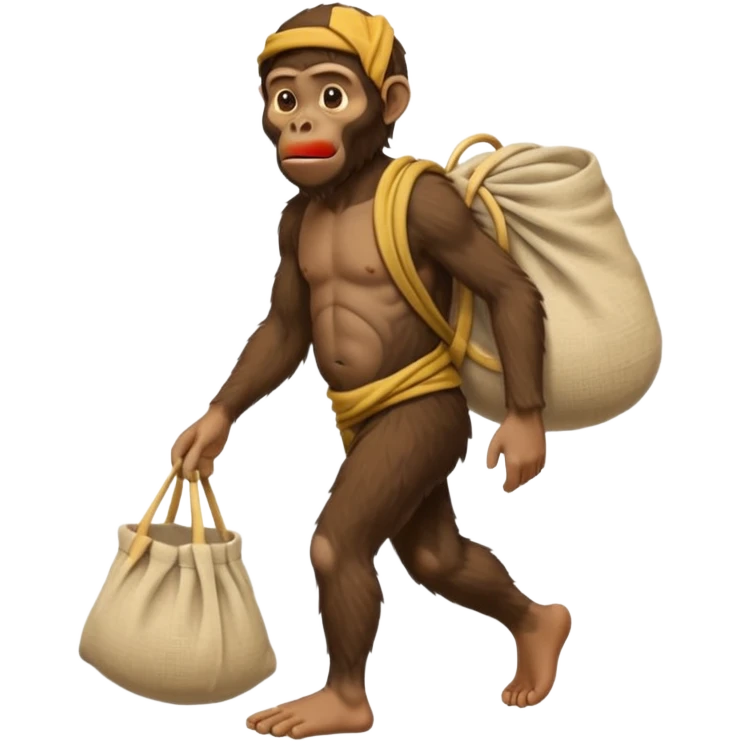 Draw an Australopithecus walking like a nomad, carrying a cloth bundle over its shoulder, in a cute flat iPhone emoji style emoji