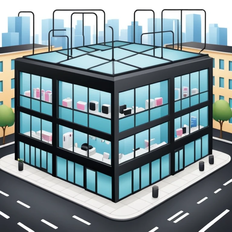 three separate beauty salon buildings spaced apart connected by lines like a network emoji