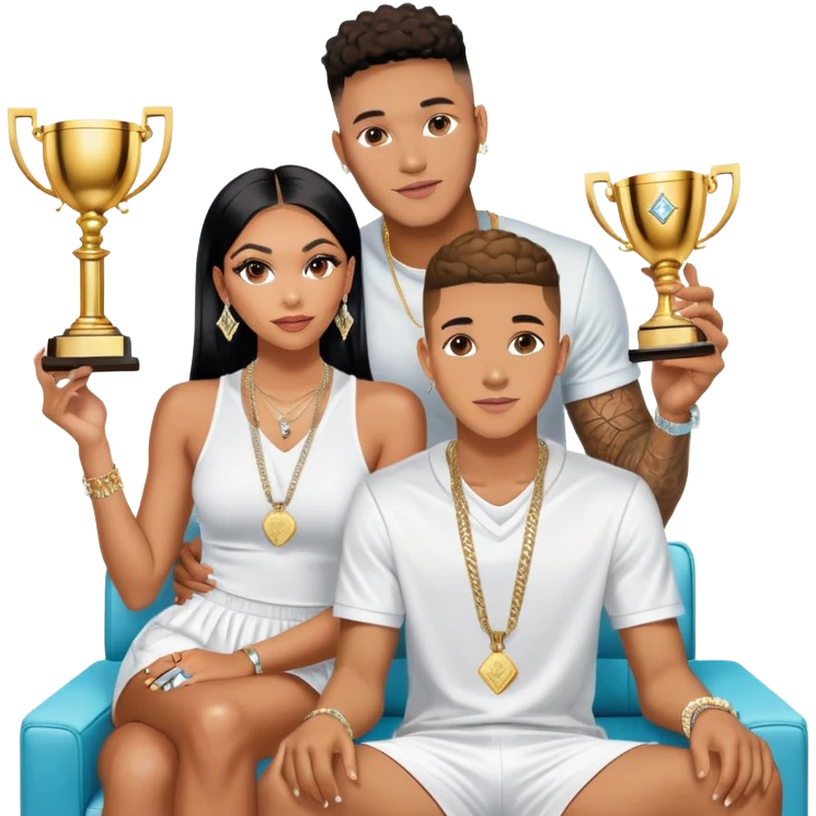 Internet celebrity Josh King Madrid jetset wearing shiny diamond earrings and sparkly iced out diamond tennis necklace chains with Instagram model girl tefi valenzuela sitting with him holding gold internet celebrity trophy on tv show in Miami emoji
