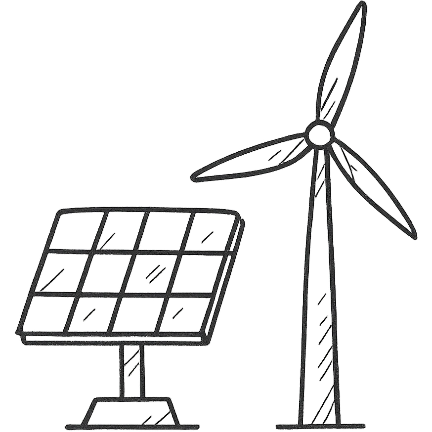 hand-drawn outline of a solar panel and windmill emoji
